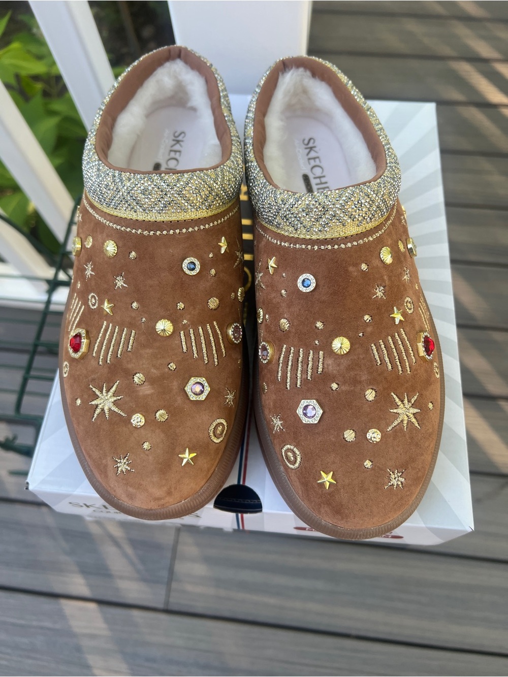 Skechers Brown Embellished Faux-Fur Lined Slip-On Mules